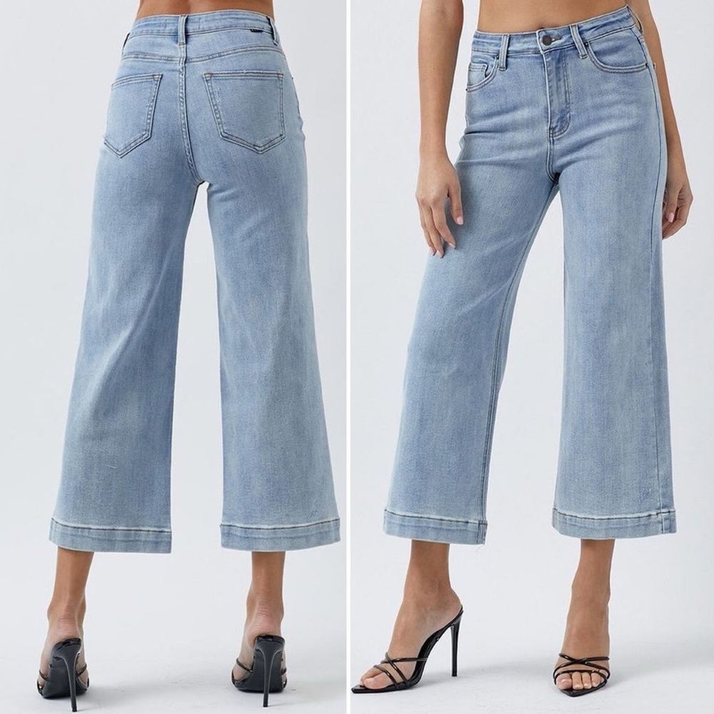 Risen Jeans Light Blue Wash High Rise Wide Leg Cropped Denim Women’s Size 29 | 8